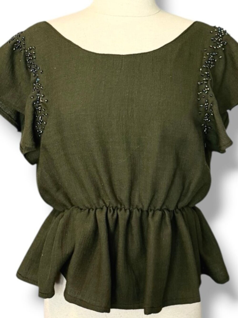 Olive Green Beaded Linen Flutter Sleeve Peplum Blouse Top Medium